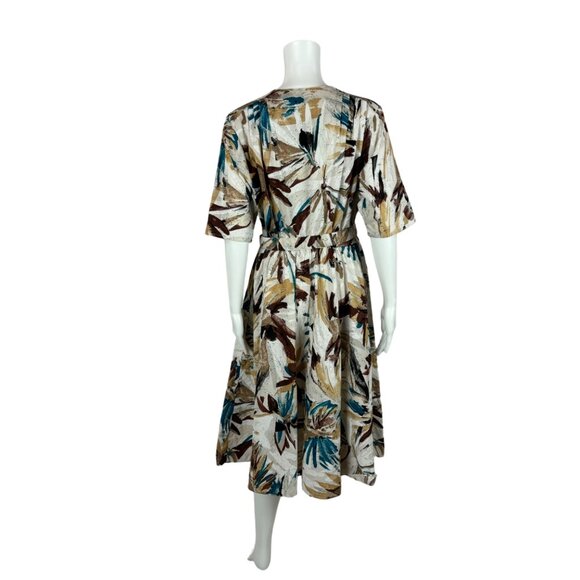 Vintage 80s Dress Women's Medium Artsy Brown Blue Fit And Flare Belted - Picture 8 of 11